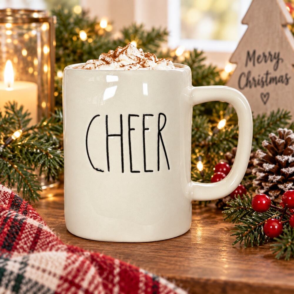 Rae Dunn CHEER Mug Ivory Cream Christmas Holiday Large Letter 16 oz